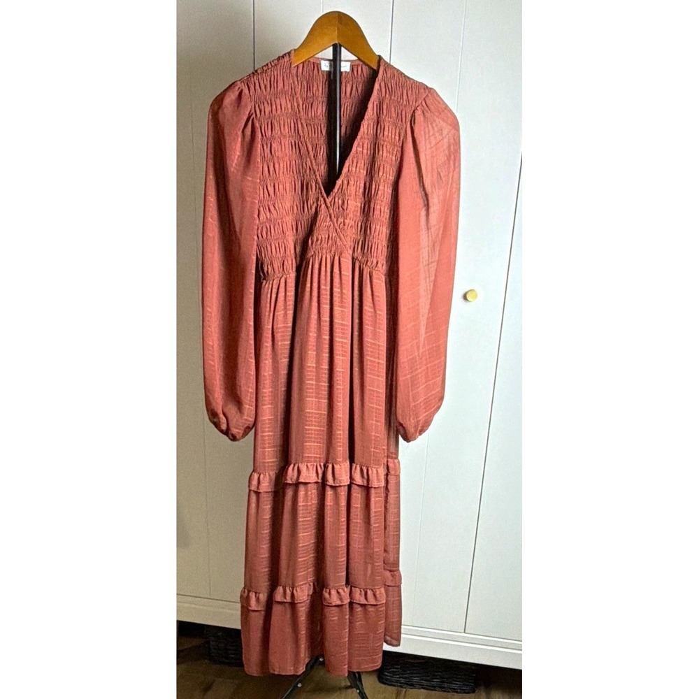 Women's Fall Boho Gypsy Rust Pink LS Smocked Ruffle V-Neck Midi Dress Size S - Picture 2 of 7